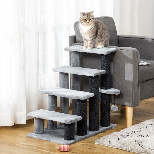 PawHut Cat Stairs 4 Steps for Bed, Couch with Scratching Posts, Small Cat Tree for Indoor Cats with Toy Ball, 23.5" x 16" x 25", Light Grey