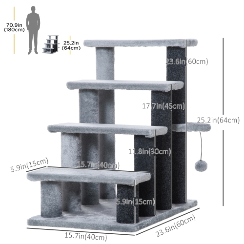 PawHut Cat Stairs 4 Steps for Bed, Couch with Scratching Posts, Small Cat Tree for Indoor Cats with Toy Ball, 23.5" x 16" x 25", Light Grey