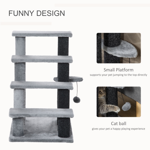 PawHut Cat Stairs 4 Steps for Bed, Couch with Scratching Posts, Small Cat Tree for Indoor Cats with Toy Ball, 23.5" x 16" x 25", Light Grey