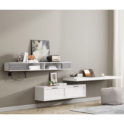 WAMPAT Wall Mounted Media Console with Power Outlets 70", Floating TV Stand Component Shelf for 70 inches TV, Entertainment Storage Shelf for Living