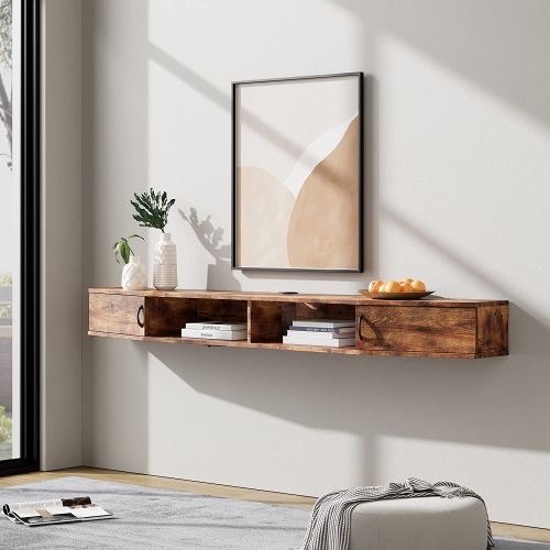 WAMPAT Floating TV Shelf with Power Outlet 70", Wall Mounted TV Stand, Media Console Stand with Doors, Entertainment Shelf for Living