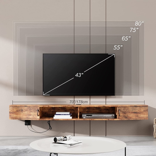 WAMPAT Floating TV Shelf with Power Outlet 70", Wall Mounted TV Stand, Media Console Stand with Doors, Entertainment Shelf for Living