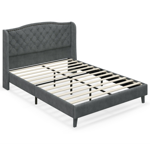Gymax Full Upholstered Platform Bed Frame w/ Button Tufted Headboard Wooden Slats