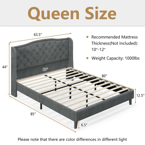Gymax Queen Upholstered Platform Bed Frame w/ Button Tufted Headboard Noise-free