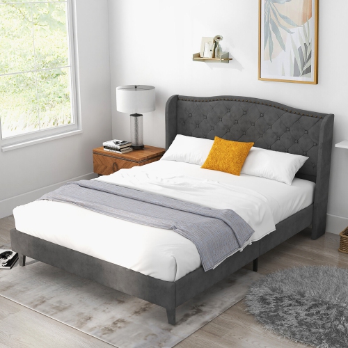 Gymax Queen Upholstered Platform Bed Frame w/ Button Tufted Headboard Noise-free