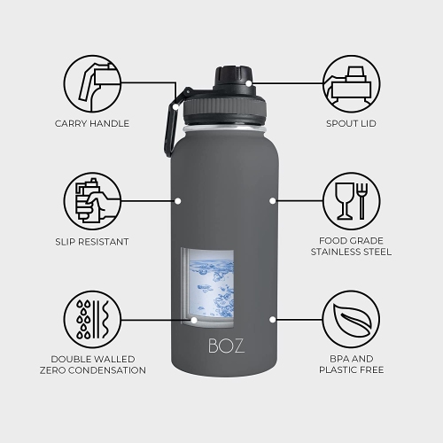BOZ Stainless Steel Water Bottle XL Wide Mouth, Vacuum Double Wall Insulated (Grey)