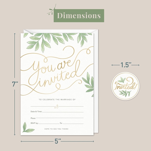 Rileys & Co 50 Pack Wedding Invitation Cards with Envelopes, Bonus Stickers Included, Gold Foil Print and Leaf Design, 5x7 Inches