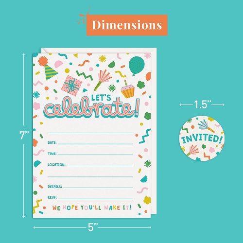 Rileys & Co. 50 Party Invitation Cards with Envelopes and Bonus Stickers, Kids Birthday Invitations for Boys and Girls with Cute Graphics, 7x5 Inches