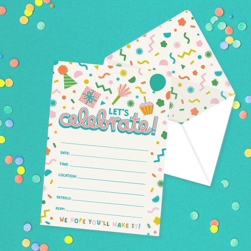 Rileys & Co. 50 Party Invitation Cards with Envelopes and Bonus Stickers, Kids Birthday Invitations for Boys and Girls with Cute Graphics, 7x5 Inches