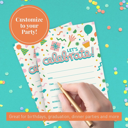 Rileys & Co. 50 Party Invitation Cards with Envelopes and Bonus Stickers, Kids Birthday Invitations for Boys and Girls with Cute Graphics, 7x5 Inches