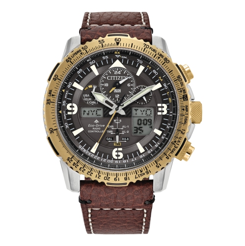 Citizen Mens Promaster Skyhawk A-T Eco-Drive Watch 45mm Two-Tone Stainless Steel Case Brown Leather Strap with Grey Dial