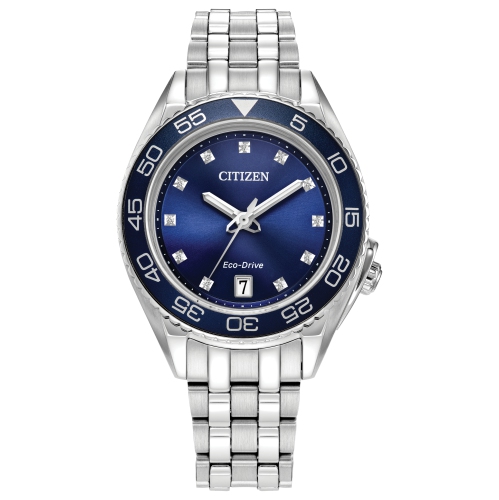 Montre pour femmes Carson Eco-Drive 35&nbsp;mm de Citizen avec boîtier et bracelet en inox argenté avec cadran bleu
