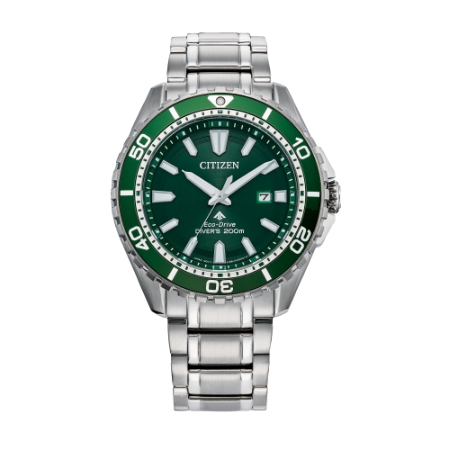 Citizen Mens Promaster Dive Eco-Drive Watch 45mm Silver-Tone Stainless Steel Case and Bracelet with Green Dial