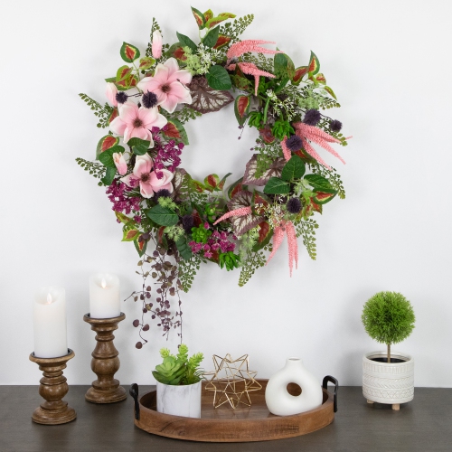 Artificial Astilbe and Thistle Mixed Spring Floral Wreath - 24"