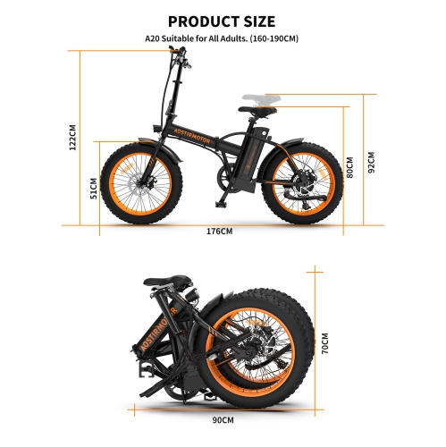 Vélo électrique pliable AOSTIRMOTOR A20 avec batterie 500 W 36 V 13AH, 20 po. Vélo électrique Fat Tire pour adultes - Noir
