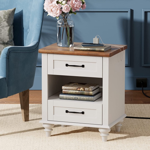WAMPAT Nightstands with Charging Station,End Table with USB Ports and Outlets for Living Room,Side Table with 2 Drawers and Open Storage for