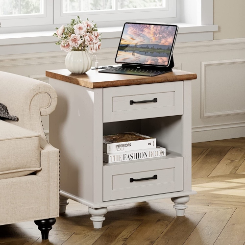 WAMPAT Nightstands with Charging Station,End Table with USB Ports and Outlets for Living Room,Side Table with 2 Drawers and Open Storage for