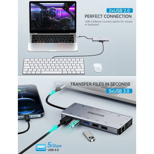 USB C Docking Station Dual Monitor, GIISSMO 13-in-1 USB-C Laptop Docking Station with 4K HDMI, VGA, PD, Ethernet,,3 USB 2.0, 2 USB 3.0, SD/TF, Audio,