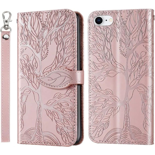 Premium PU Leather Embossed Tree Wallet Case with card slots and wrist strap for iPhone SE 2022 and SE 2020 / iPhone 7 and 8