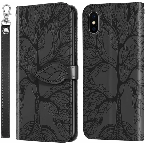 Premium PU Leather Embossed Tree Wallet Case with card slots and wrist strap for iPhone X A1865 A1901 / iPhone XS A1920