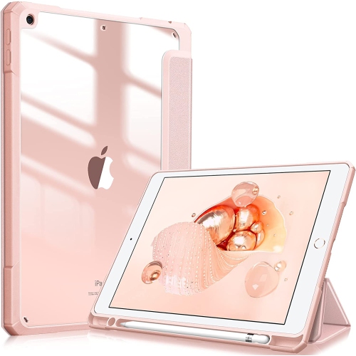 F Hybrid Slim Case for iPad 9th / 8th / 7th Generation 10.2 inch - [Built-in Pencil Holder] Shockproof Cover with Clear Transparent Back Shell, Auto