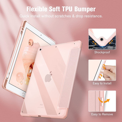 F Hybrid Slim Case for iPad 9th / 8th / 7th Generation 10.2 inch - [Built-in Pencil Holder] Shockproof Cover with Clear Transparent Back Shell, Auto