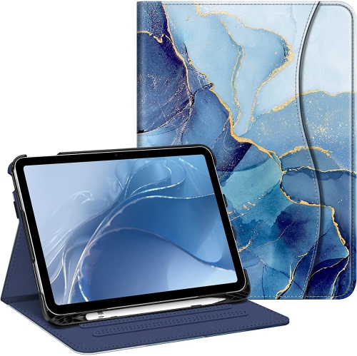 F Case for iPad 10th Generation 10.9 Inch, Multi-Angle Viewing Protective Stand Cover with Pencil Holder & Pocket, Auto Sleep/Wake, Ocean Marble