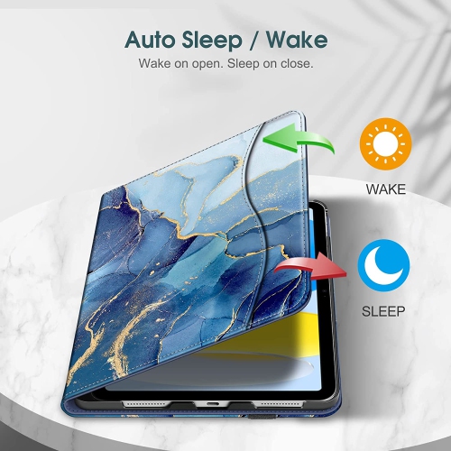 F Case for iPad 10th Generation 10.9 Inch, Multi-Angle Viewing Protective Stand Cover with Pencil Holder & Pocket, Auto Sleep/Wake, Ocean Marble