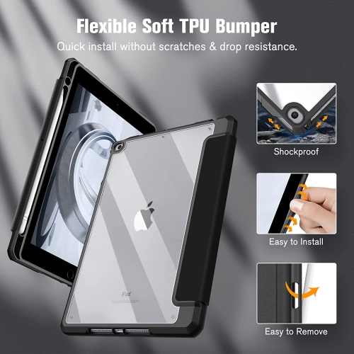 F Hybrid Slim Case for iPad 6th Generation / 5th Gen (2017) 9.7 Inch - [Built-in Pencil Holder] Shockproof Cover with Clear Transparent Back Shell,