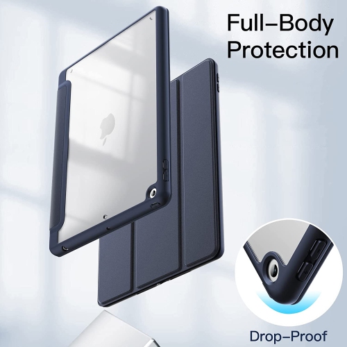 J Case for iPad 10.2-Inch with Pencil Holder, Clear Transparent Back Shell Slim Stand Shockproof Tablet Cover, Auto Wake/Sleep (Navy)