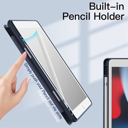 J Case for iPad 10.2-Inch with Pencil Holder, Clear Transparent Back Shell Slim Stand Shockproof Tablet Cover, Auto Wake/Sleep (Navy)