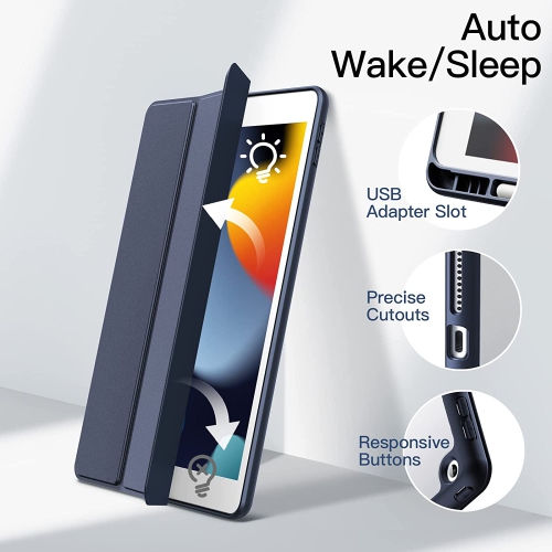 J Case for iPad 10.2-Inch with Pencil Holder, Clear Transparent Back Shell Slim Stand Shockproof Tablet Cover, Auto Wake/Sleep (Navy)