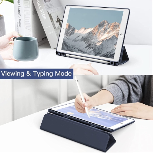 J Case for iPad 10.2-Inch with Pencil Holder, Clear Transparent Back Shell Slim Stand Shockproof Tablet Cover, Auto Wake/Sleep (Navy)