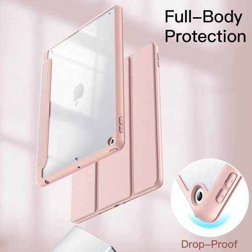 J Case for iPad 10.2-Inch with Pencil Holder, Clear Transparent Back Shell Slim Stand Shockproof Tablet Cover, Auto Wake/Sleep (Rose Gold)