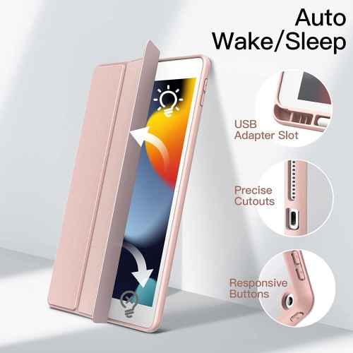 J Case for iPad 10.2-Inch with Pencil Holder, Clear Transparent Back Shell Slim Stand Shockproof Tablet Cover, Auto Wake/Sleep (Rose Gold)