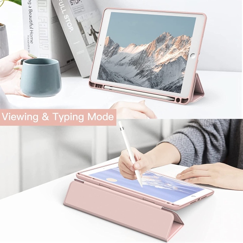 J Case for iPad 10.2-Inch with Pencil Holder, Clear Transparent Back Shell Slim Stand Shockproof Tablet Cover, Auto Wake/Sleep (Rose Gold)