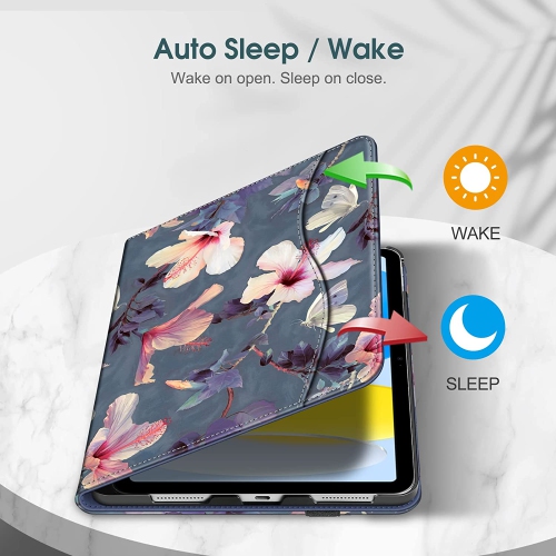 F Case for iPad 10th Generation 10.9 Inch, Multi-Angle Viewing Protective Stand Cover with Pencil Holder & Pocket, Auto Sleep/Wake, Blooming Hibiscus