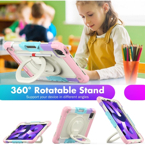 T Kids Case for iPad Air 5/4 10.9 2022/2020, Full-body Protective Shockproof Case with Screen Protector, Rotating Stand and Handle/Strap for iPad Air