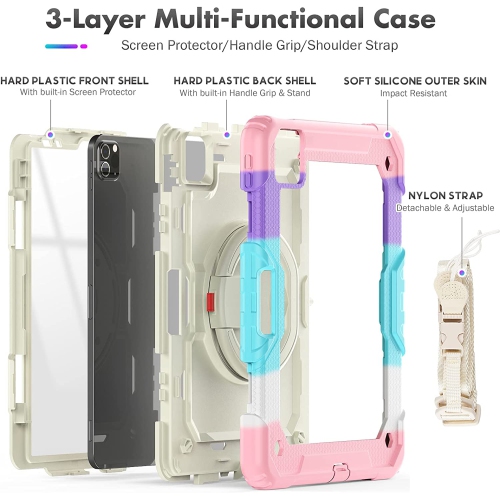 T Kids Case for iPad Air 5/4 10.9 2022/2020, Full-body Protective Shockproof Case with Screen Protector, Rotating Stand and Handle/Strap for iPad Air