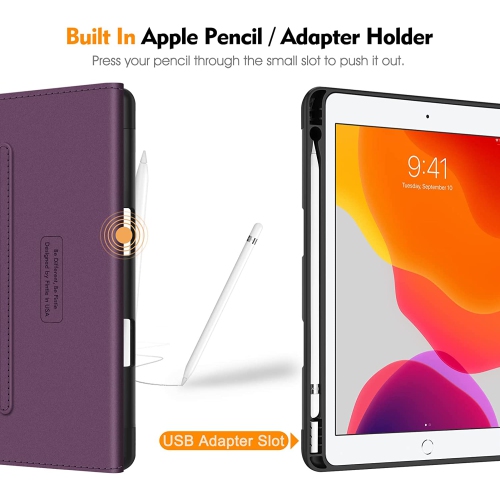 F Étui folio pour iPad 9e/8e/7e génération 10.2 po - Multiangle de visionnement en TPUR souple avec pochette à l’arrière, porte-crayon, fonction de
