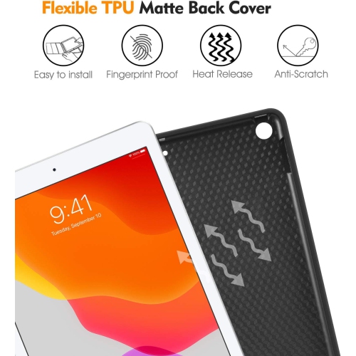 F Étui folio pour iPad 9e/8e/7e génération 10.2 po - Multiangle de visionnement en TPUR souple avec pochette à l’arrière, porte-crayon, fonction de