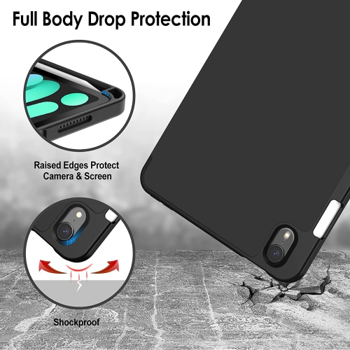 J Case for iPad Mini 6 with Pencil Holder, Support 2nd Pencil Charging, Slim Tablet Cover with Soft TPU Back, Auto Wake/Sleep (Black)