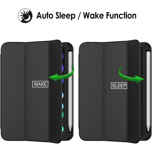 J Case for iPad Mini 6 with Pencil Holder, Support 2nd Pencil Charging, Slim Tablet Cover with Soft TPU Back, Auto Wake/Sleep (Black)