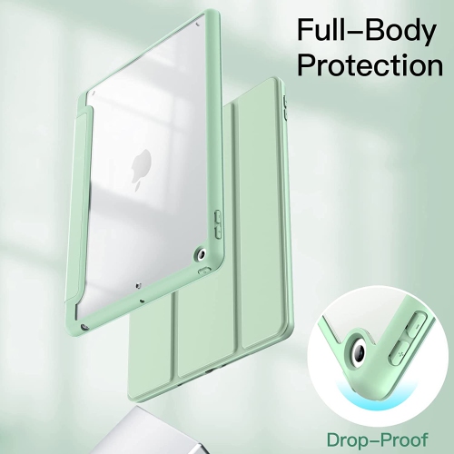 J Case for iPad 10.2-Inch with Pencil Holder, Clear Transparent Back Shell Slim Stand Shockproof Tablet Cover, Auto Wake/Sleep (Matcha Gree