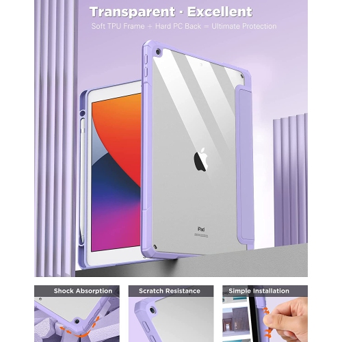 T Case for New iPad 9th Generation 2021/8th Gen 2020/7th Gen 2019 with Pencil Holder, Slim Protective Case with Clear Back Shell & Auto Wake/Sleep