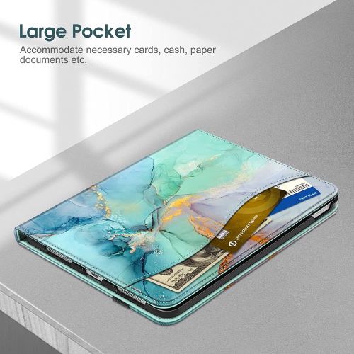 F Case for iPad 10th Generation 10.9 Inch, Multi-Angle Viewing Protective Stand Cover with Pencil Holder & Pocket, Auto Sleep/Wake, Emerald Marble