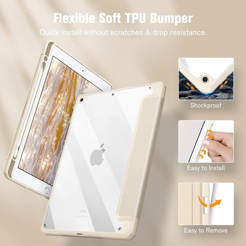 F Hybrid Slim Case for iPad 9th / 8th / 7th Generation 10.2 inch - [Built-in Pencil Holder] Shockproof Cover with Clear Transparent Back Shell, Auto