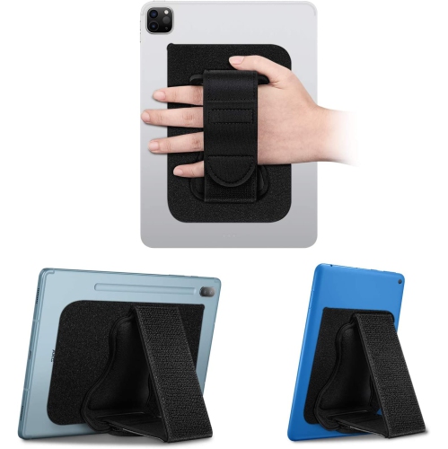 F Universal Tablet Hand Strap Holder - [Dual Stand Supports] Detachable Padded Hook & Loop Fastening Handle Grip with Adhesive Patch for iPad/Galaxy