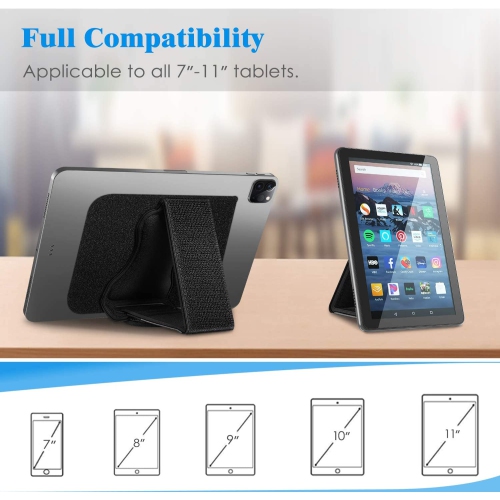 F Universal Tablet Hand Strap Holder - [Dual Stand Supports] Detachable Padded Hook & Loop Fastening Handle Grip with Adhesive Patch for iPad/Galaxy