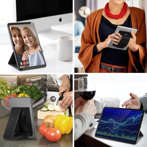 F Universal Tablet Hand Strap Holder - [Dual Stand Supports] Detachable Padded Hook & Loop Fastening Handle Grip with Adhesive Patch for iPad/Galaxy